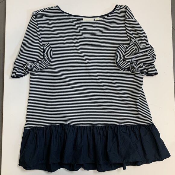 MAEVE Anthropologie Large tunic Top Navy white Stripe Ruffle short sleeve‎ round - Picture 4 of 7